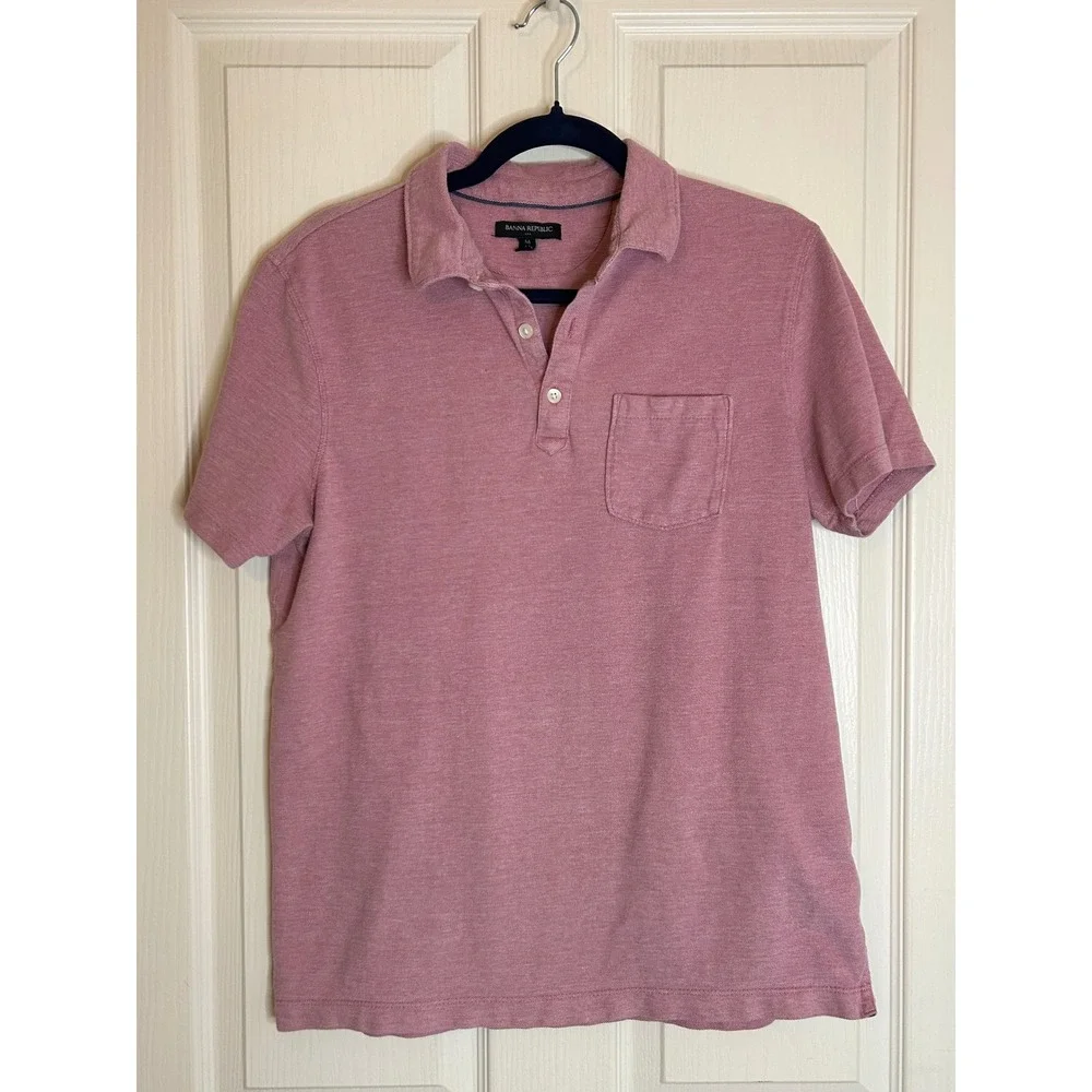 Banana Republic Mens Rose Pink Heathered Cotton Short Sleeve Pocket Polo Shirt M